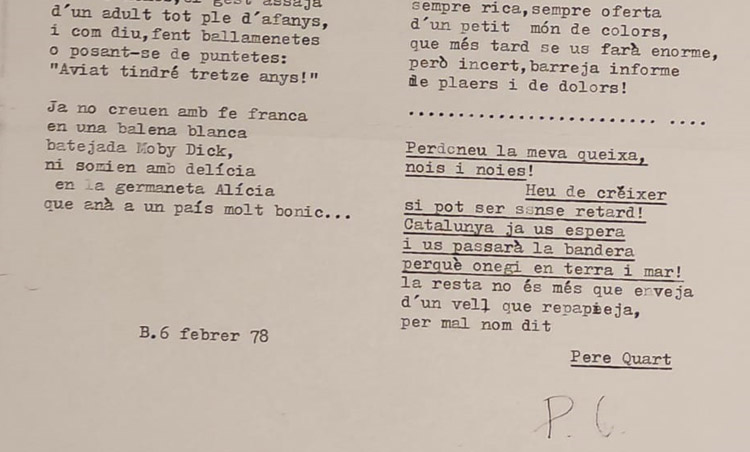 Fragmento del poema que Joan Oliver dedicó a los jóvenes que conoció en Nou Barris en 1978.
